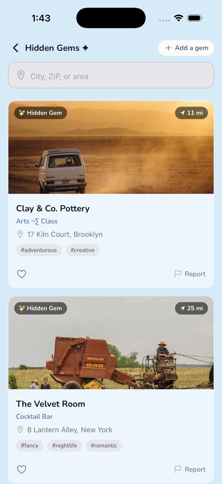 Dae Hidden Gems screen — community-submitted spots like Clay & Co. Pottery and The Velvet Room