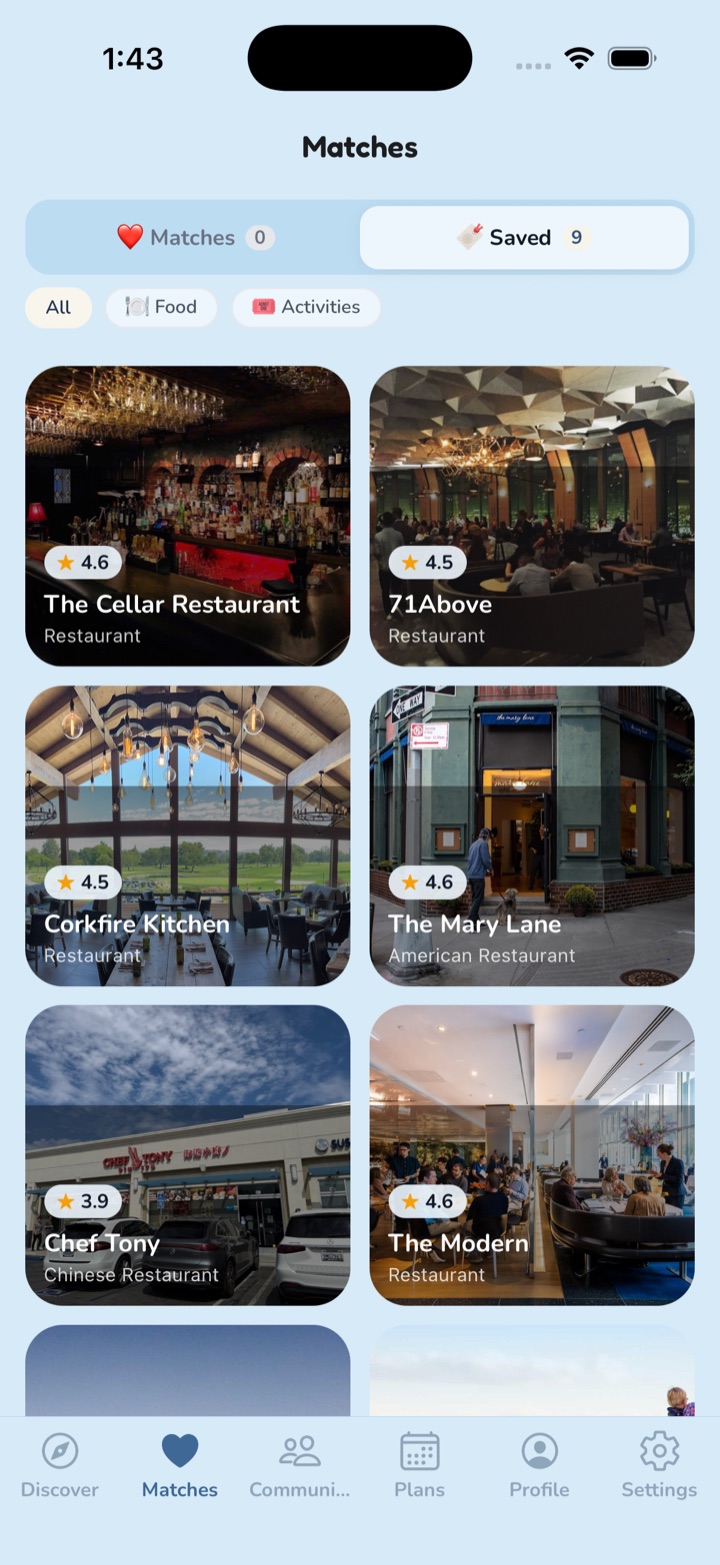 Dae Matches and Saved screen — a grid of saved date spots with photos and ratings